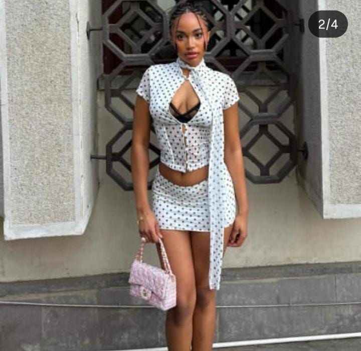 Women's White Polka Dot Tie Front Crop Top and Mini Skirt Set